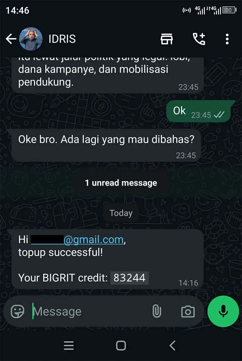 topup bigrit credit idris notification whatsapp